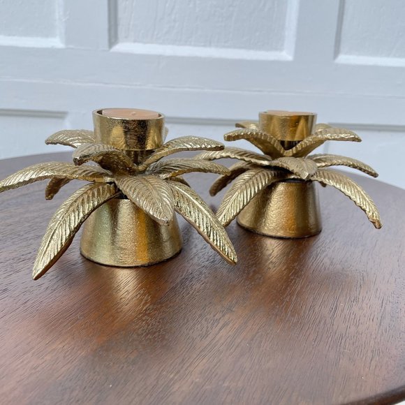 Pair of Brass Palm Tealight Candle Holders